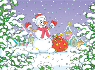 Friendly smiling funny snowman with a red hat, a scarf and mittens brought a big bag of magic New Year gifts for little kids on a snowy winter day, vector cartoon illustration