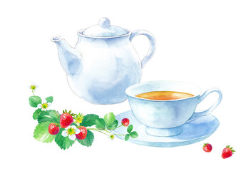 Obraz na płótnie Canvas 白い茶器。ワイルドストロベリーティーのティーセットの水彩イラスト。ティーポットとカップアンドソーサー。