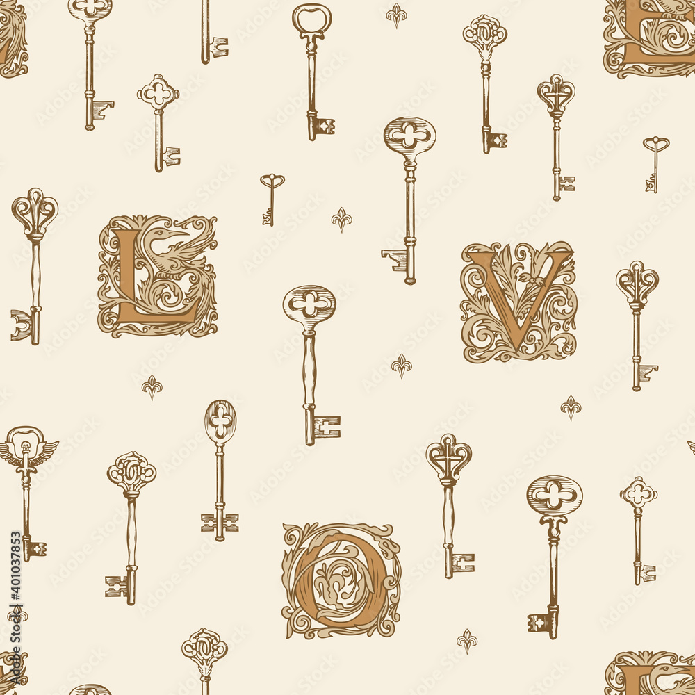 Poster seamless pattern on the theme of love with vintage keys and initial letters l o v e in retro style. 