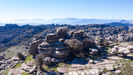 Aerial winter view of amazing karstic stone formations in Torcal de Antequera, Andalusia, Spain