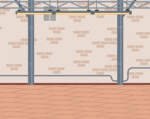 Empty room space of beige brick wall and wooden floor with metal construction with ceiling lights. Interior space for design idea and decoration. Flat vector illustration of industrial premises