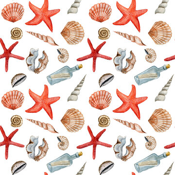 Watercolor sea shells pattern. Starfish, shells, a message in the bottle seamless texture on white background