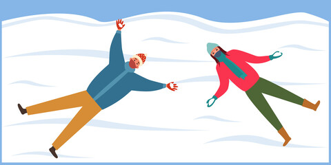 Winter banner of cartoon men and women wearing masks and fashionable warm clothes lying on the snow. Flat vector. World Snow Day. Games in winter during a pandemic. Day of Love.