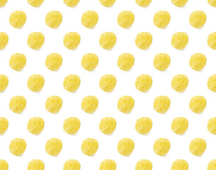 Seamless pattern made from Potato chips on white background flat lay. potato snack chips isolated Fast food banner.