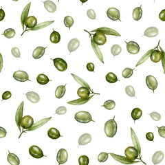 Watercolor olive pattern. Green Olive berries and leaves seamless texture on white background.