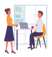 Businessmen dressed in formal clothes are sitting at the table with laptop and talking. Office workers discussing matters. Business meeting and consideration of working issues. Friendly team work