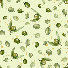 Watercolor olive pattern. Green Olive berries and leaves seamless texture on green background. Gold glitter splashes. Luxuty tiled backdrop