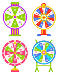 Set of fortune weels with winning numbers and multi-colored sectors, flat style illustration. Game fortune wheel concept. Casino and gambling vector. Illustration of casino fortune, wheel winner game