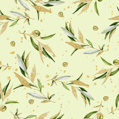 Watercolor olive pattern. Green Olive berries and leaves seamless texture on green background. Gold glitter splashes, leaves and branches. Luxuty tiled backdrop
