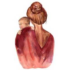 Naklejka premium Mothers Day. Super mom. Best mom. Sucks pacifier. 10th May.Mom holds the baby in her arms watercolor illustration on a white background, for cards, posters, stickers and professional design