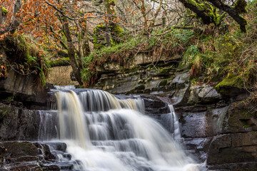 Obraz na płótnie Canvas Ash Gill near Alston in Cumbria, is located in an area of outstanding natural beauty close to the Lake District National Park, is a beautiful stretch of water with many picturesque waterfalls