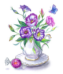 Eustoma bouquet in a porcelain cup and candy, watercolor illustration on white background, isolated, print for poster, greeting card, home decor and other designs.
