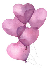 Watercolor illustration of pink balloons in the shape of a heart on a white background. valentine's day.