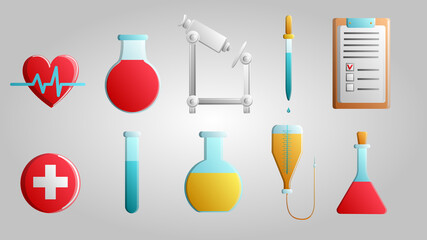 Large set of 10 medical scientific medical medical items icons with flasks of hearts, microscopes and droppers with documents on a white background. illustration