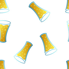Endless seamless pattern of yellow beautiful glass goblets with alcohol tasty tasty light beer, foamy hop lager on a white background. illustration
