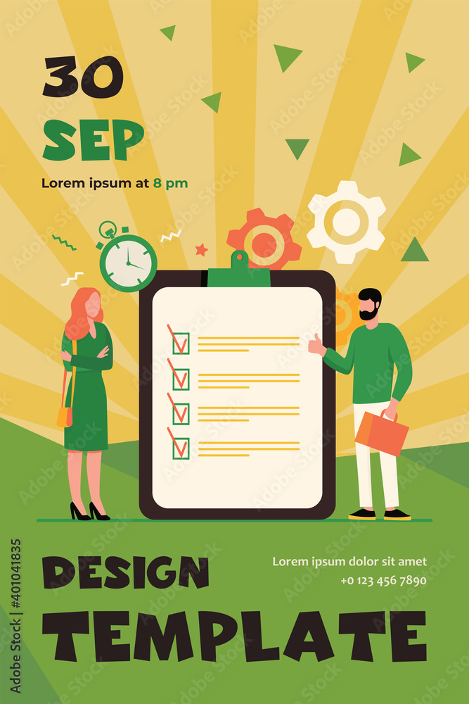 Poster managers with task list. employees standing at checklist and timer, making thumb up flat vector illu