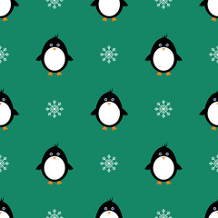 Seamless pattern with penguin and snowflakes on green background . Christmas background. Snowy Design for print, wrapping. New year wallpaper