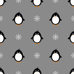 Seamless pattern with penguin and snowflakes on gray background . Christmas background. Snowy Design for print, wrapping. New year wallpaper