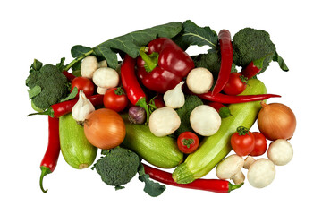 
vegetables, mix, ginger, cabbage, onion, honest, cucumbers, Chinese cabbage, bell pepper, capi pepper, hot pepper, chili, zucchini, eggplant, tomatoes, mushrooms, closeup, isolated, on a white backgr