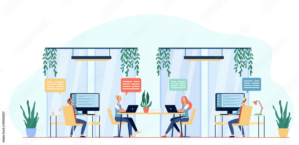 Poster hotline operators consulting clients flat vector illustration. cartoon call center managers working 