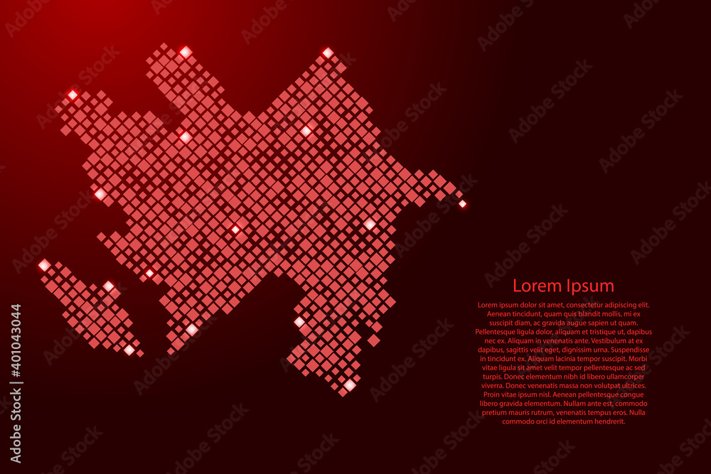 Poster azerbaijan map from red pattern rhombuses of different sizes and glowing space stars grid. vector il