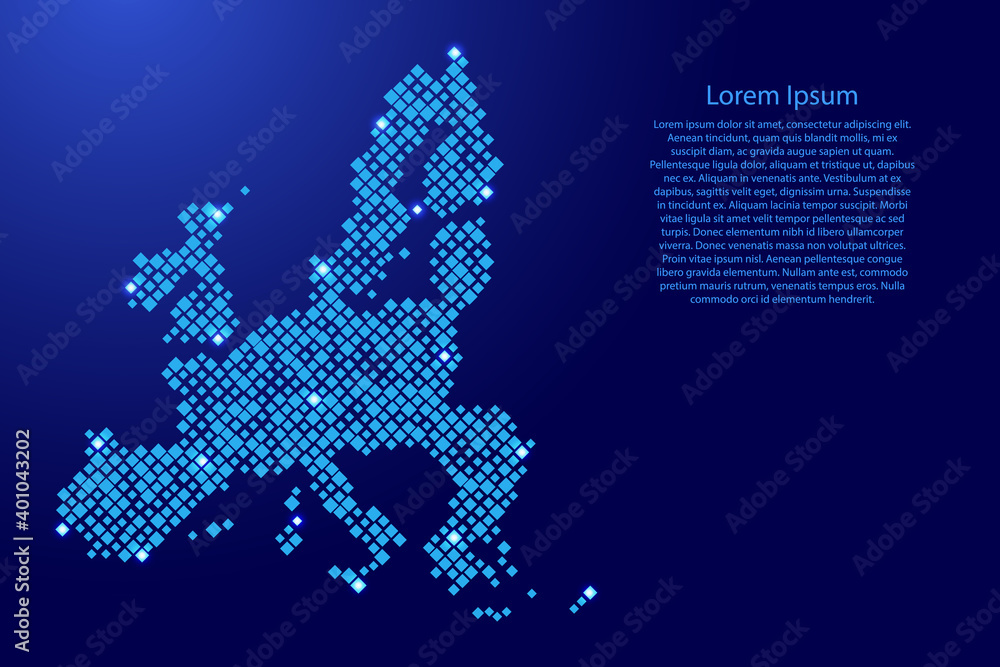 Poster european union map from blue pattern rhombuses of different sizes and glowing space stars grid. vect