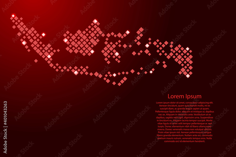Poster indonesia map from red pattern rhombuses of different sizes and glowing space stars grid. vector ill