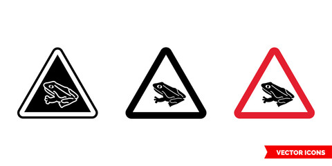 Warning sign frogs crossing the road icon of 3 types color, black and white, outline. Isolated vector sign symbol.