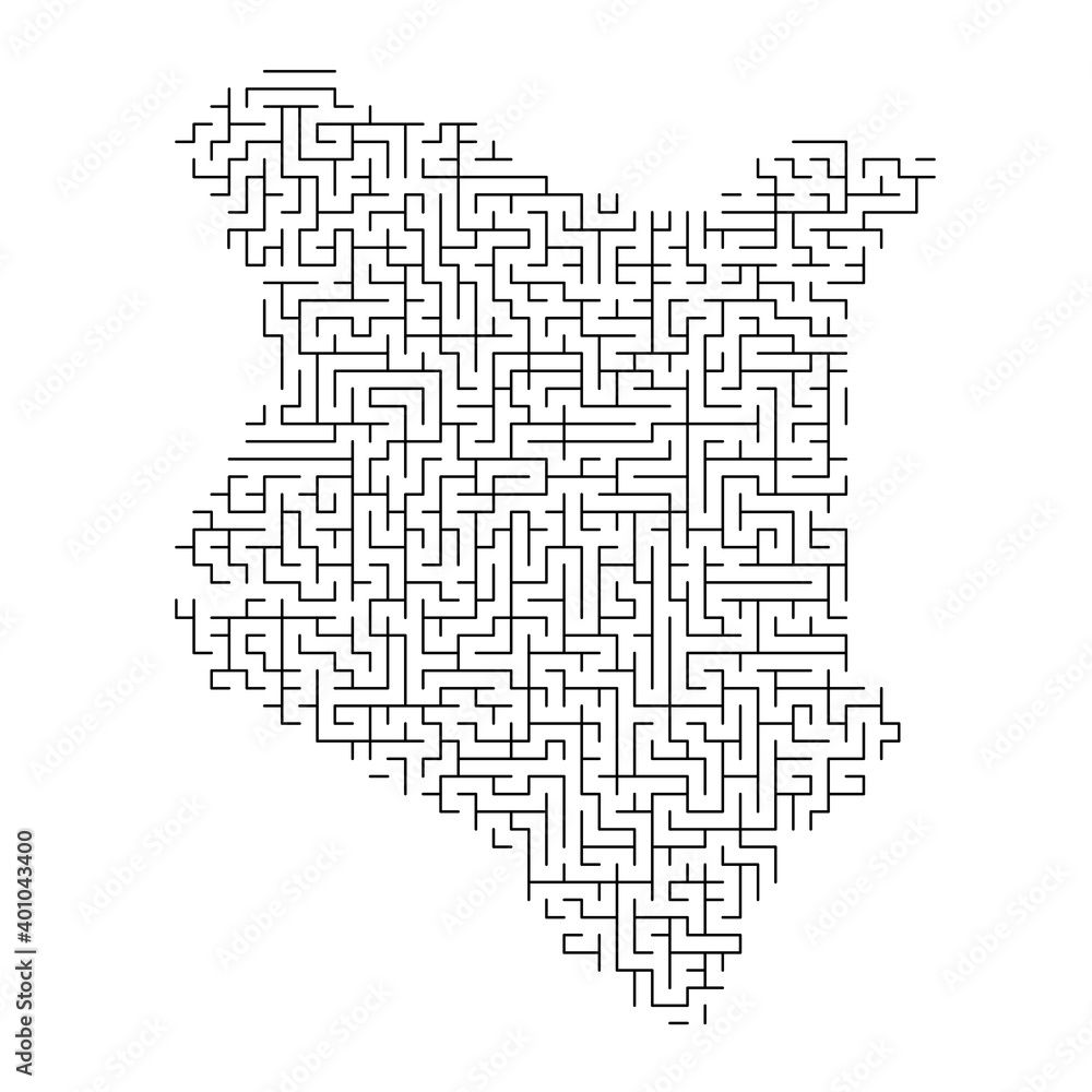 Poster kenya map from black pattern of the maze grid. vector illustration.