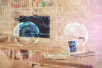 Double exposure of financial graph drawing and office interior background. Concept of stock market.