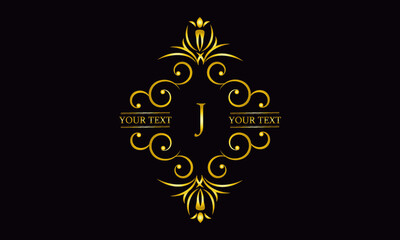 Premium monogram design with letter J. Exquisite gold logo on a dark background for a symbol of business, restaurant, boutique, hotel, jewelry, invitations, menus, labels, fashion.