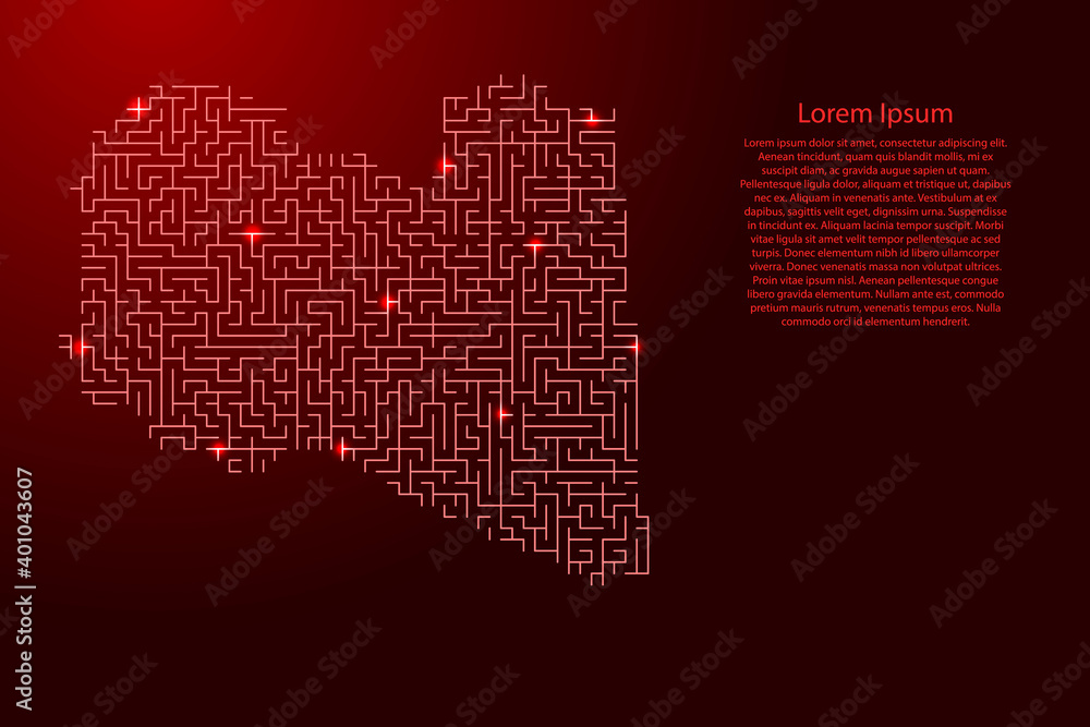 Poster libya map from red pattern of the maze grid and glowing space stars grid. vector illustration.