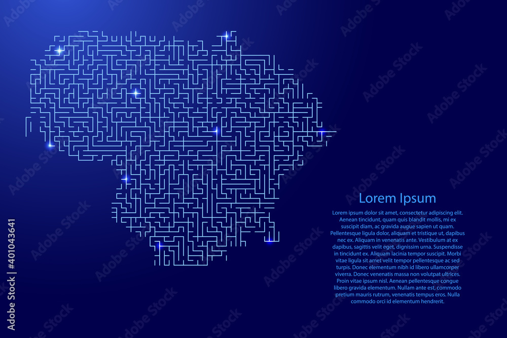 Poster lithuania map from blue pattern of the maze grid and glowing space stars grid. vector illustration.