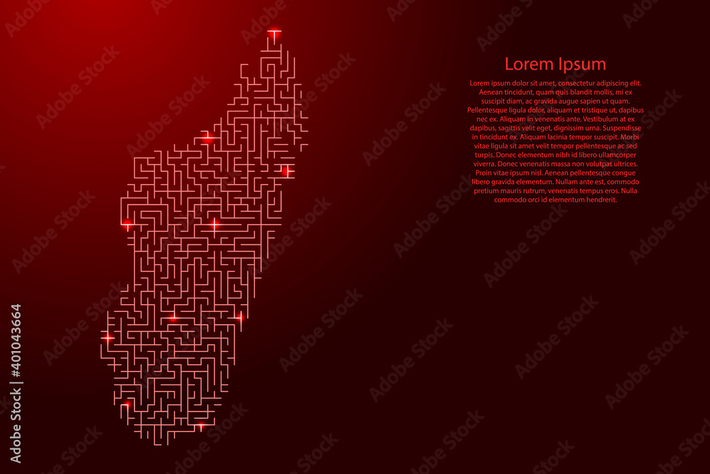 Poster madagascar map from red pattern of the maze grid and glowing space stars grid. vector illustration.