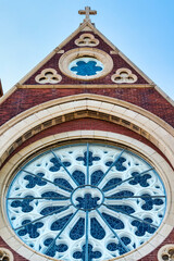 Fototapeta na wymiar Skylight in the facade of the Saint Helen Catholic Church in Toronto, Canada