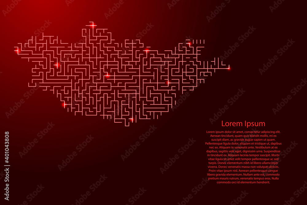 Poster mongolia map from red pattern of the maze grid and glowing space stars grid. vector illustration.