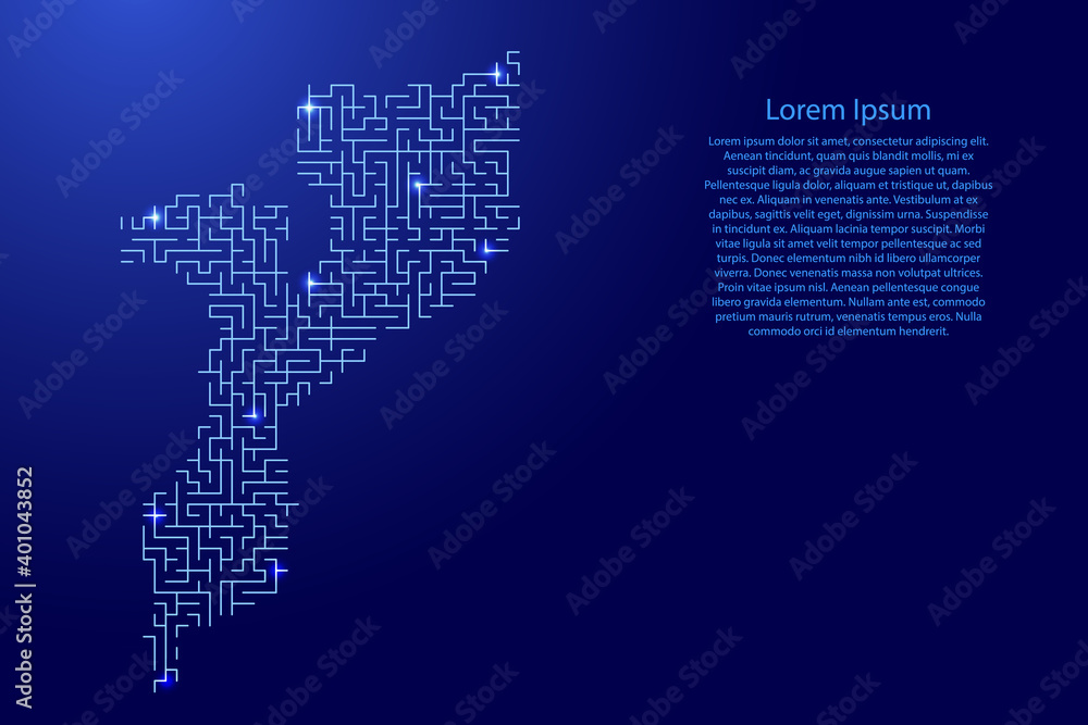 Poster mozambique map from blue pattern of the maze grid and glowing space stars grid. vector illustration.