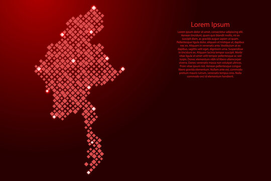 Myanmar map from red pattern rhombuses of different sizes and glowing space stars grid. Vector illustration.