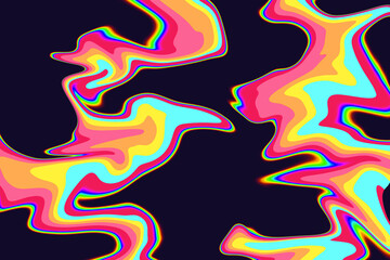 Colourful rainbow holographic abstract background in bad signal screen monitor and fluid wavy shape on black.