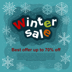 Vector illustration in flat style.  Winter sale banner template with snowflakes.