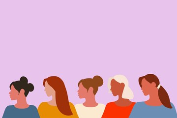 Five women of different nationalities and hair color stand side by side. The poster of friendship and the Union of feminists or Sorority. The concept of gender equality and the women's empowerment