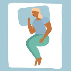 Cute girl sleeping on her side. Postcard with a woman in bed. A girl in pajamas is sleeping on her side. A mattress for sweet dreams. Time for yourself, health, rest concept. Vector illustration