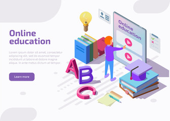 Obraz na płótnie Canvas Online education isometric landing page, web banner. Student learning distant video tutorials via website or application at huge screen of tablet. Lesson in internet school, university or college.