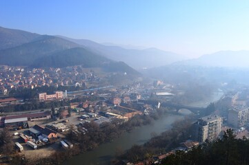 the landscape of the city in the autumn mist