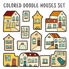 Colored doodle houses set for poster, postcard or illustration