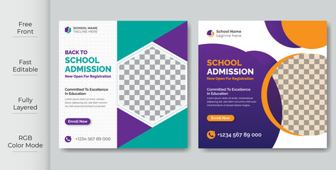 School Students Admission social media post, promotional discount Back to school admission social media post banner template Design.Back to School admission by social media Instagram,Facebook post kit - obrazy, fototapety, plakaty