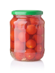 Front view of canned cherry tomatoes in glass jar