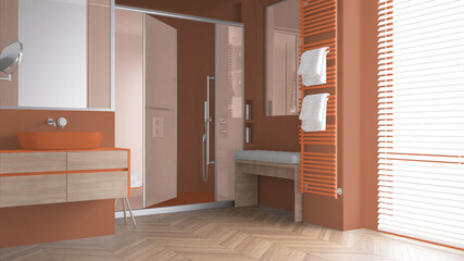 Minimalist bathroom in orange tones with sink, large shower with glass cabin, heated tower rail, wooden bench, herringbone parquet, window with venetian blinds, interior design idea