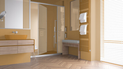Minimalist bathroom in yellow tones with sink, large shower with glass cabin, heated tower rail, wooden bench, herringbone parquet, window with venetian blinds, interior design idea