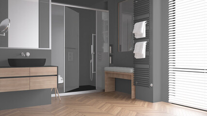 Minimalist bathroom in gray tones with sink, large shower with glass cabin, heated tower rail, wooden bench, herringbone parquet, window with venetian blinds, interior design concept